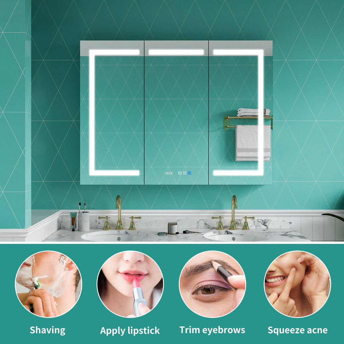ExBrite 48-in x 36-in Lighted LED Fog Free Surface/Recessed Mount Silver Mirrored Soft Close Medicine Cabinet with Outlet