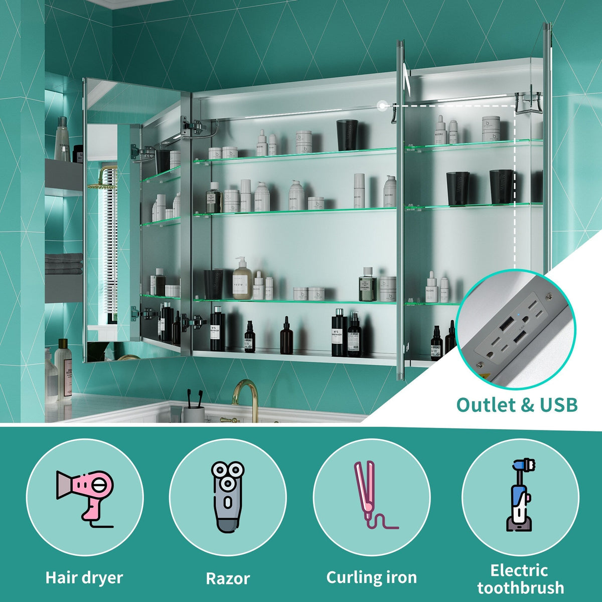ExBrite Ethos 48-in x 36-in Lighted LED Fog Free Surface/Recessed Mount Silver Mirrored Soft Close Medicine Cabinet with Outlet