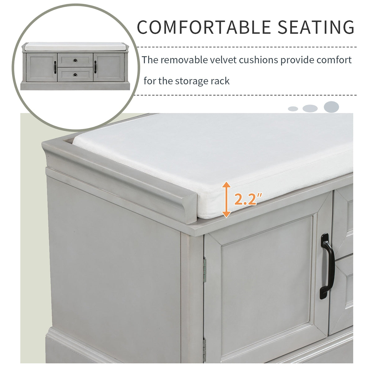 GZMR Storage Bench with 2 Drawers and 2 Cabinets Modern Gray Storage Bench with Storage 42.5-in x 15.1-in x 17.5-in