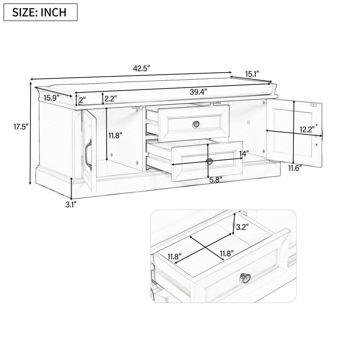 GZMR Storage Bench with 2 Drawers and 2 Cabinets Modern White Storage Bench with Storage 42.5-in x 15.1-in x 17.5-in