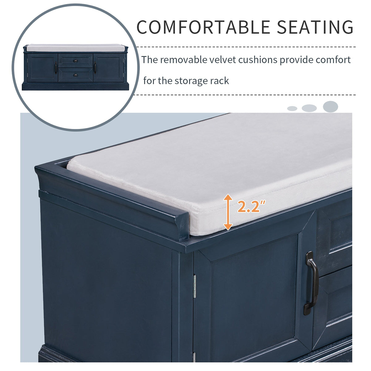 GZMR Storage Bench with 2 Drawers and 2 Cabinets Modern Navy Blue Storage Bench with Storage 42.5-in x 15.1-in x 17.5-in