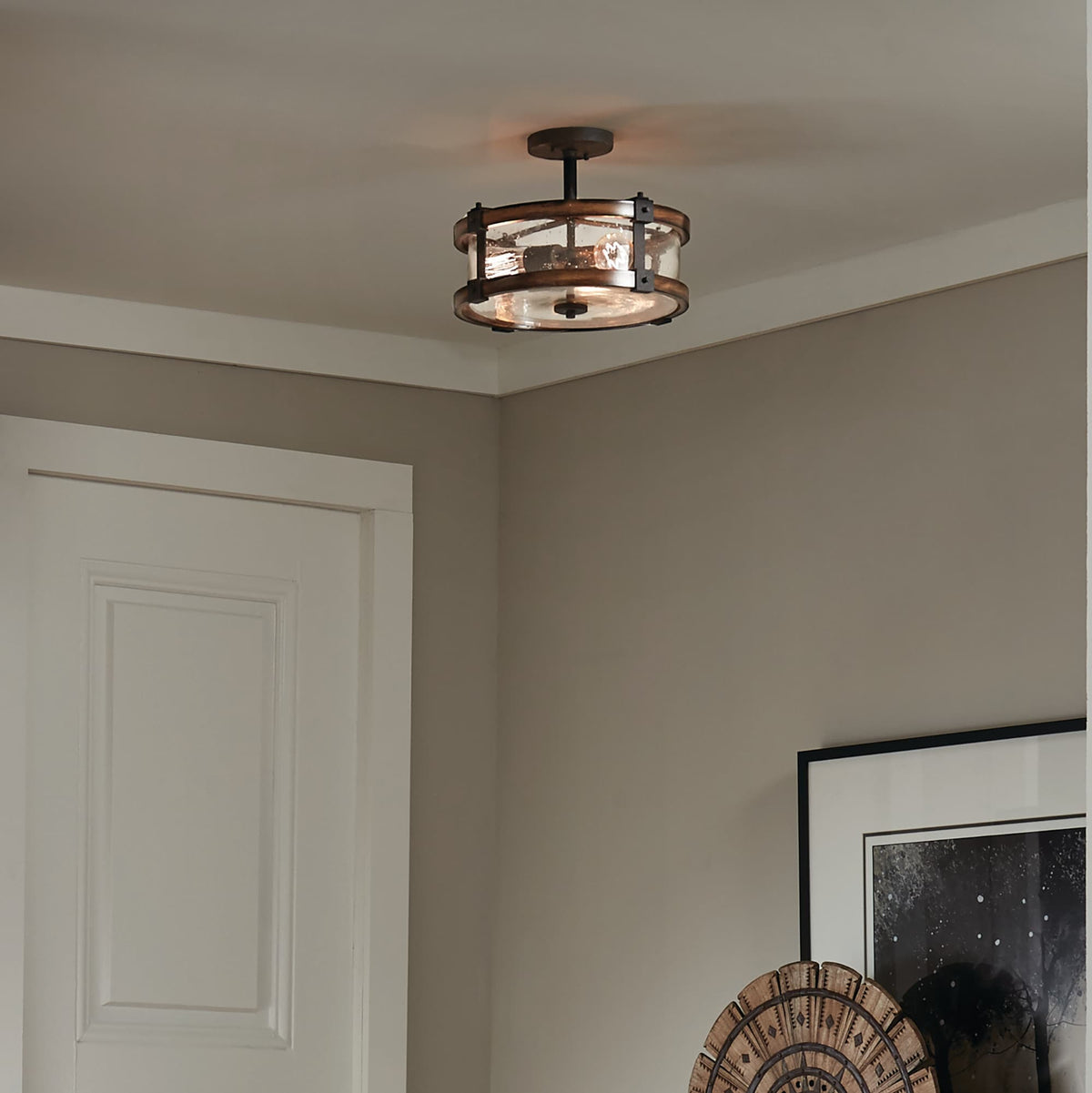 Kichler Barrington 14.75-in Distressed Black and Wood Tone Rustic Semi-Flush Mount Light, 3-Light