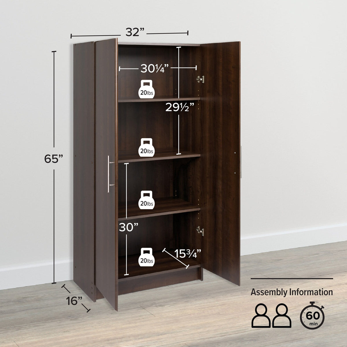 Prepac Elite 32-in W x 65-in H Wood Composite Espresso Freestanding Utility Storage Cabinet