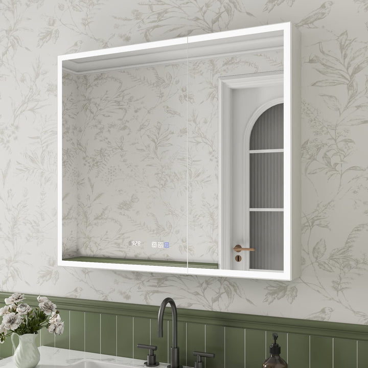 ExBrite Luvia 36-in x 32-in Lighted LED Fog Free Surface/Recessed Mount Silver Mirrored Soft Close Medicine Cabinet with Outlet