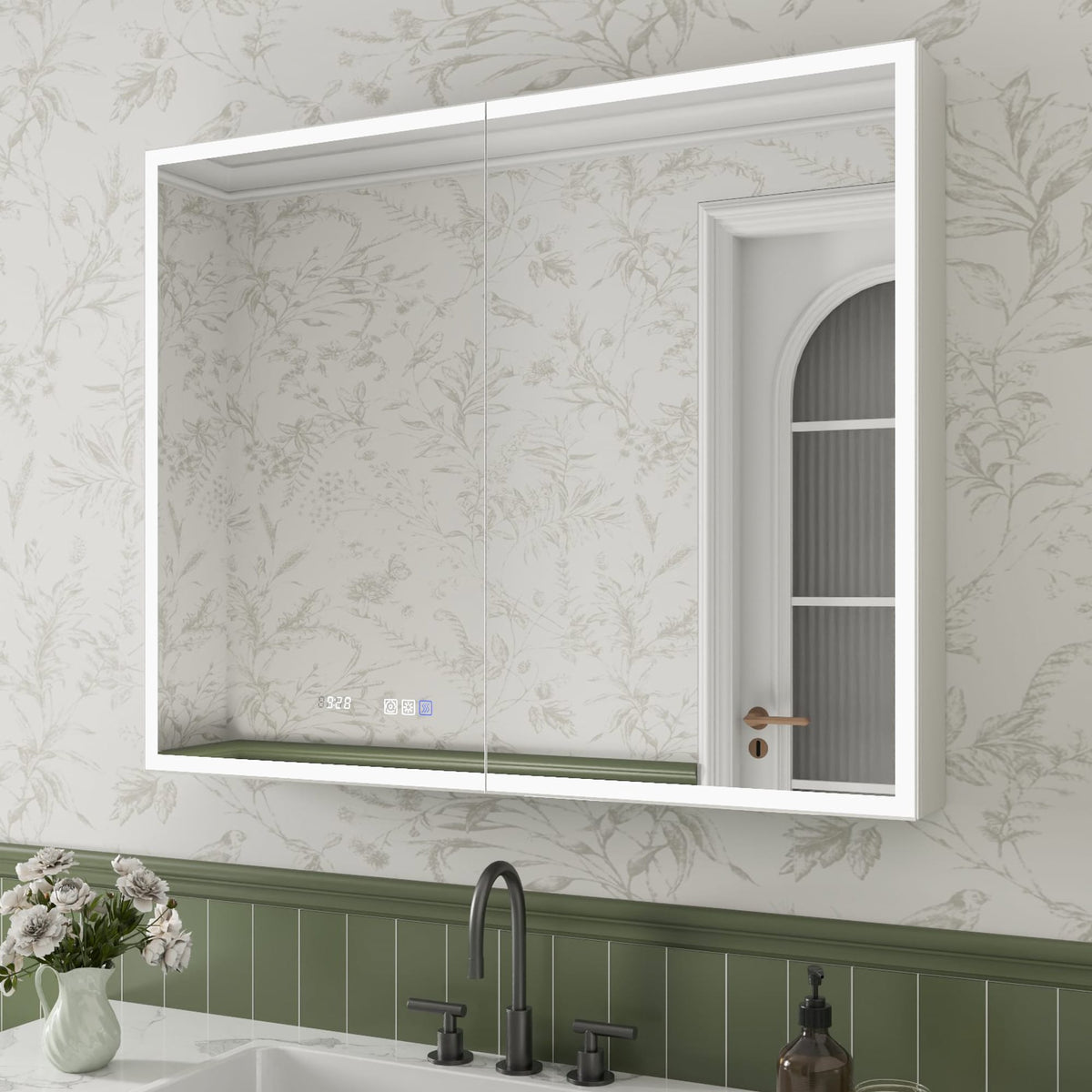 ExBrite Luvia 40-in x 32-in Lighted LED Fog Free Surface/Recessed Mount Silver Mirrored Soft Close Medicine Cabinet with Outlet