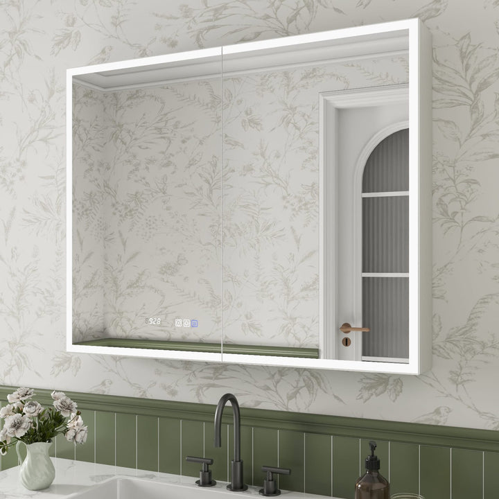 ExBrite Luvia 40-in x 32-in Lighted LED Fog Free Surface/Recessed Mount Silver Mirrored Soft Close Medicine Cabinet with Outlet