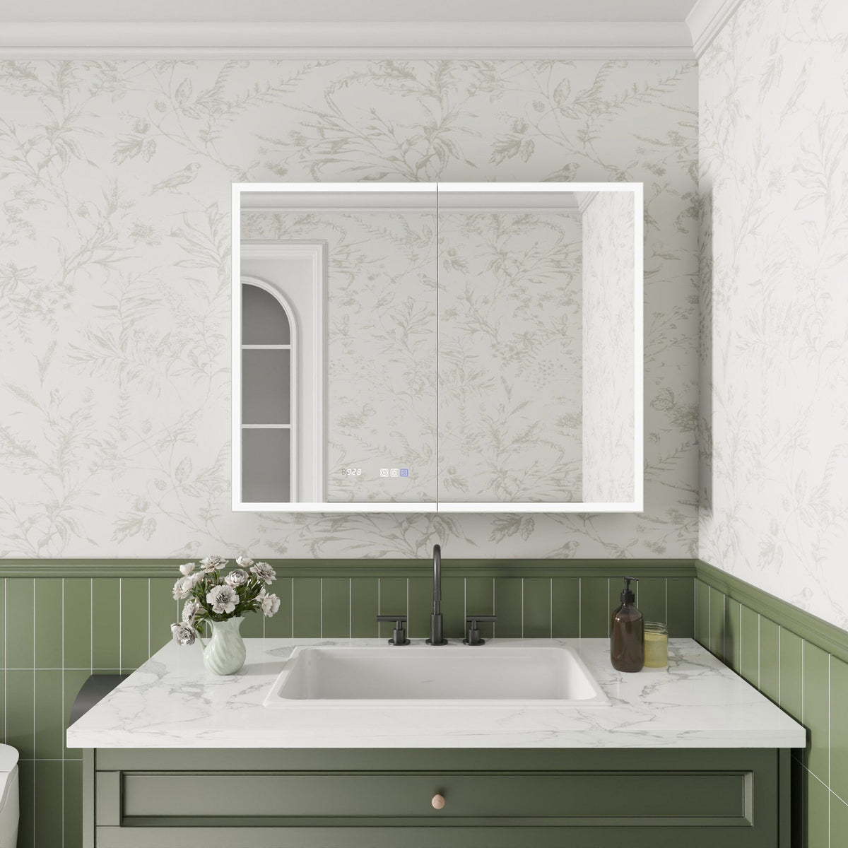 ExBrite Luvia 40-in x 32-in Lighted LED Fog Free Surface/Recessed Mount Silver Mirrored Soft Close Medicine Cabinet with Outlet