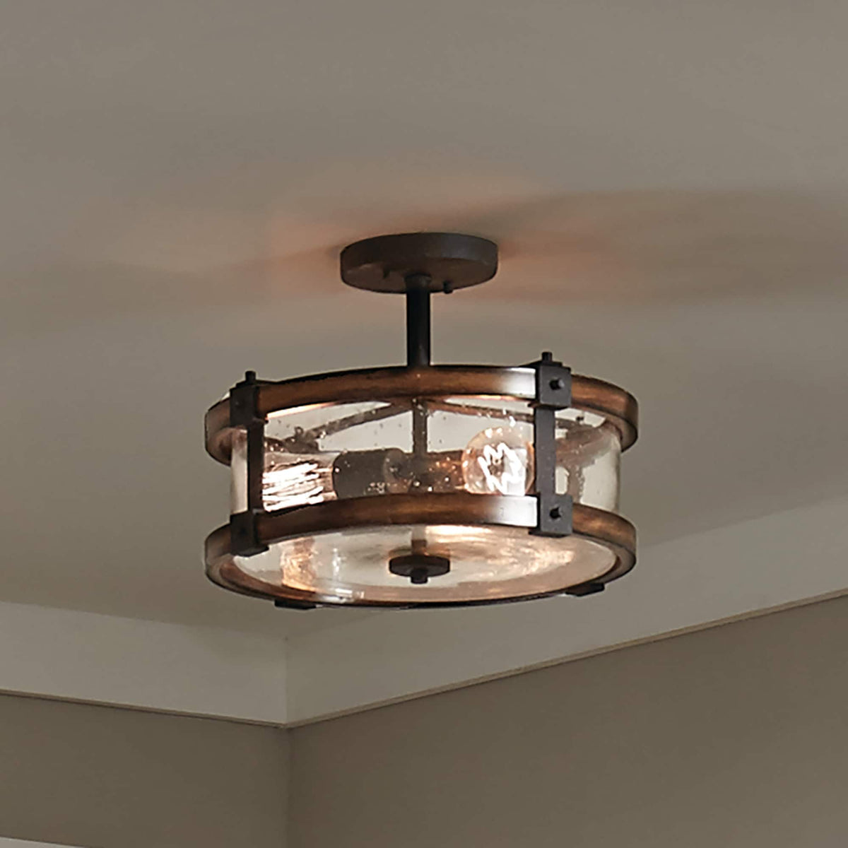 Kichler Barrington 14.75-in Distressed Black and Wood Tone Rustic Semi-Flush Mount Light, 3-Light