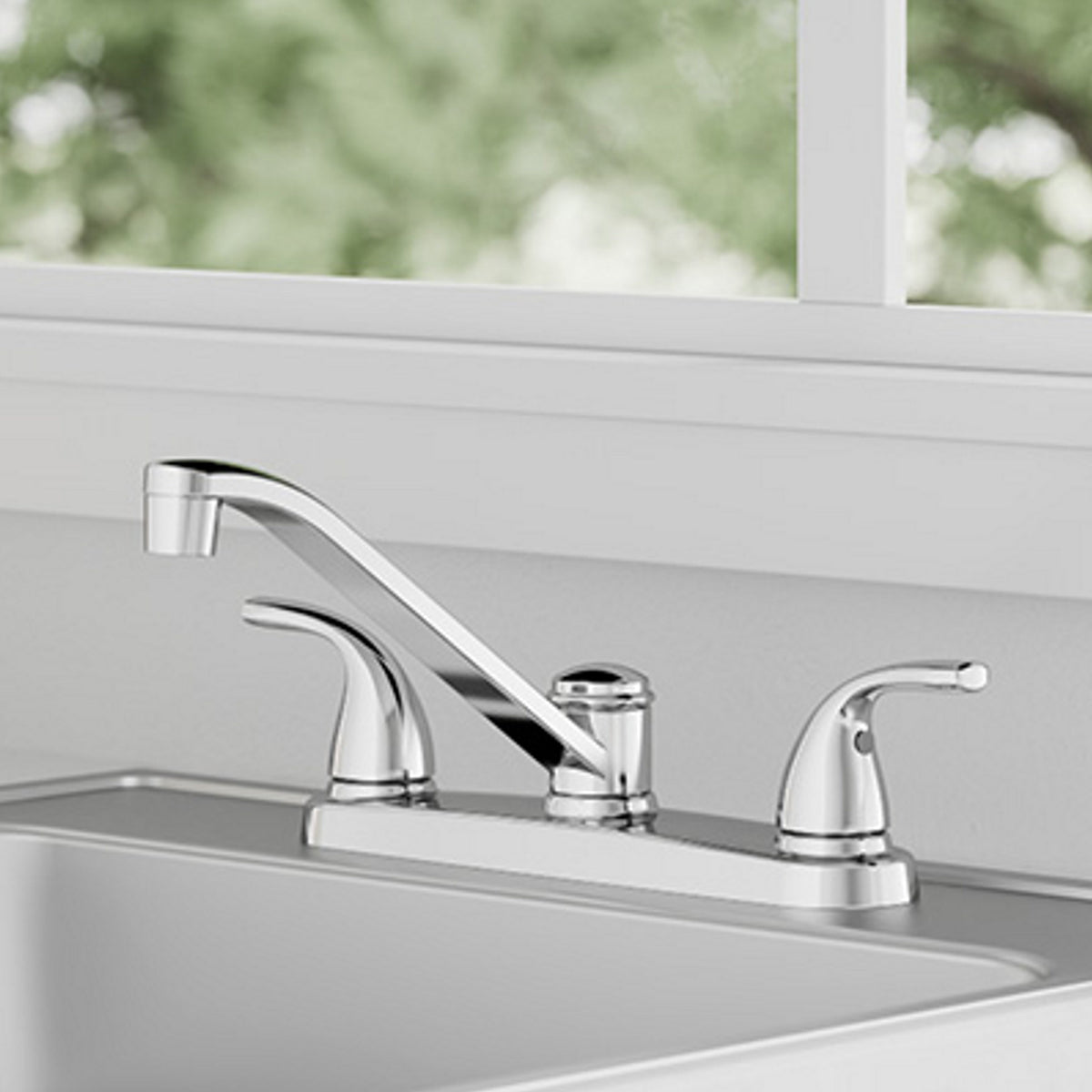 Project Source Dover Chrome 2-Handle Deck-Mount Low-Arc Kitchen Faucet with Deck Plate