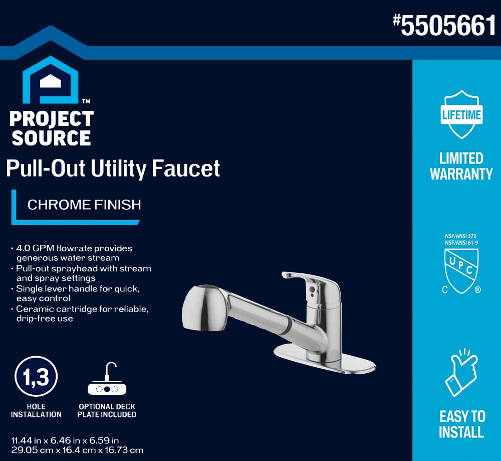 Project Source Chrome 1-Handle Deck-Mount Utility Faucet with Pulldown Sprayer