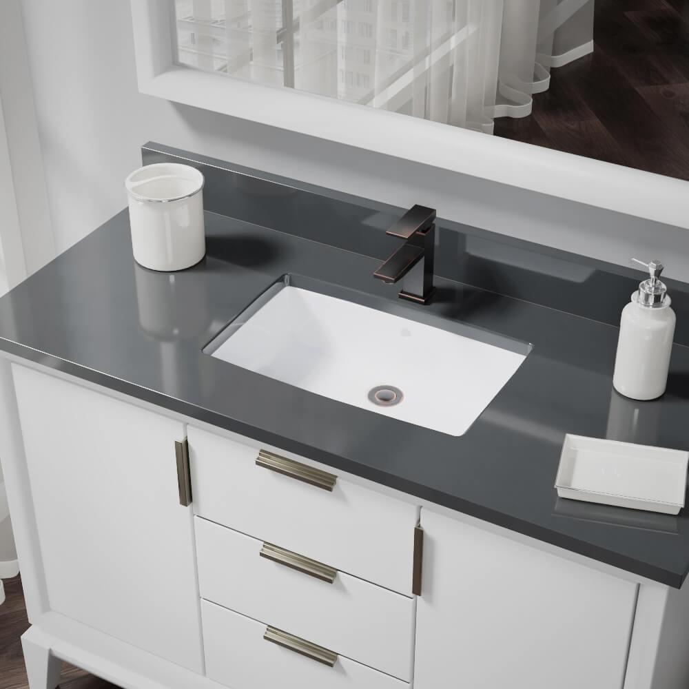 Under-Mount Porcelain Bathroom Sink in Biscuit with Pop-Up Drain in Antique Bronze - Super Arbor