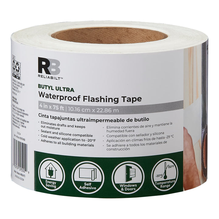 RELIABILT Butyl Ultra Waterproof Flashing Tape, Self-Adhesive – 4 in x 75 ft, White