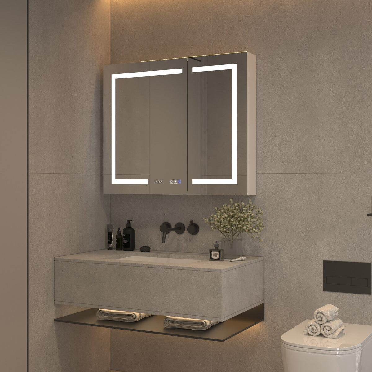 AAZJ V4 36-in x 30-in Lighted LED Fog Free Surface/Recessed Mount Silver Soft Close Medicine Cabinet