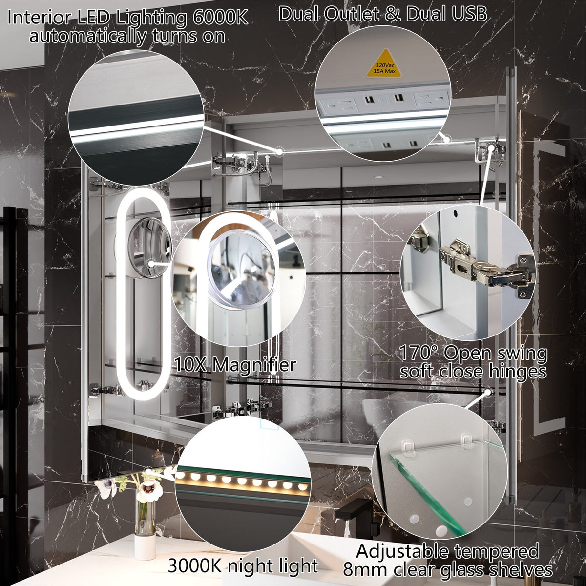 AAZJ EX11 30-in x 36-in Lighted LED Fog Free Surface/Recessed Mount Silver Mirrored Soft Close Medicine Cabinet