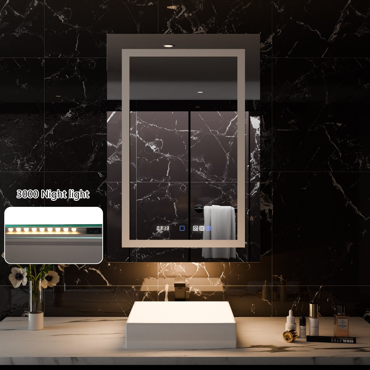 AAZJ EX11 24-in x 36-in Lighted LED Fog Free Surface/Recessed Mount Silver Mirrored Soft Close Medicine Cabinet with Outlet