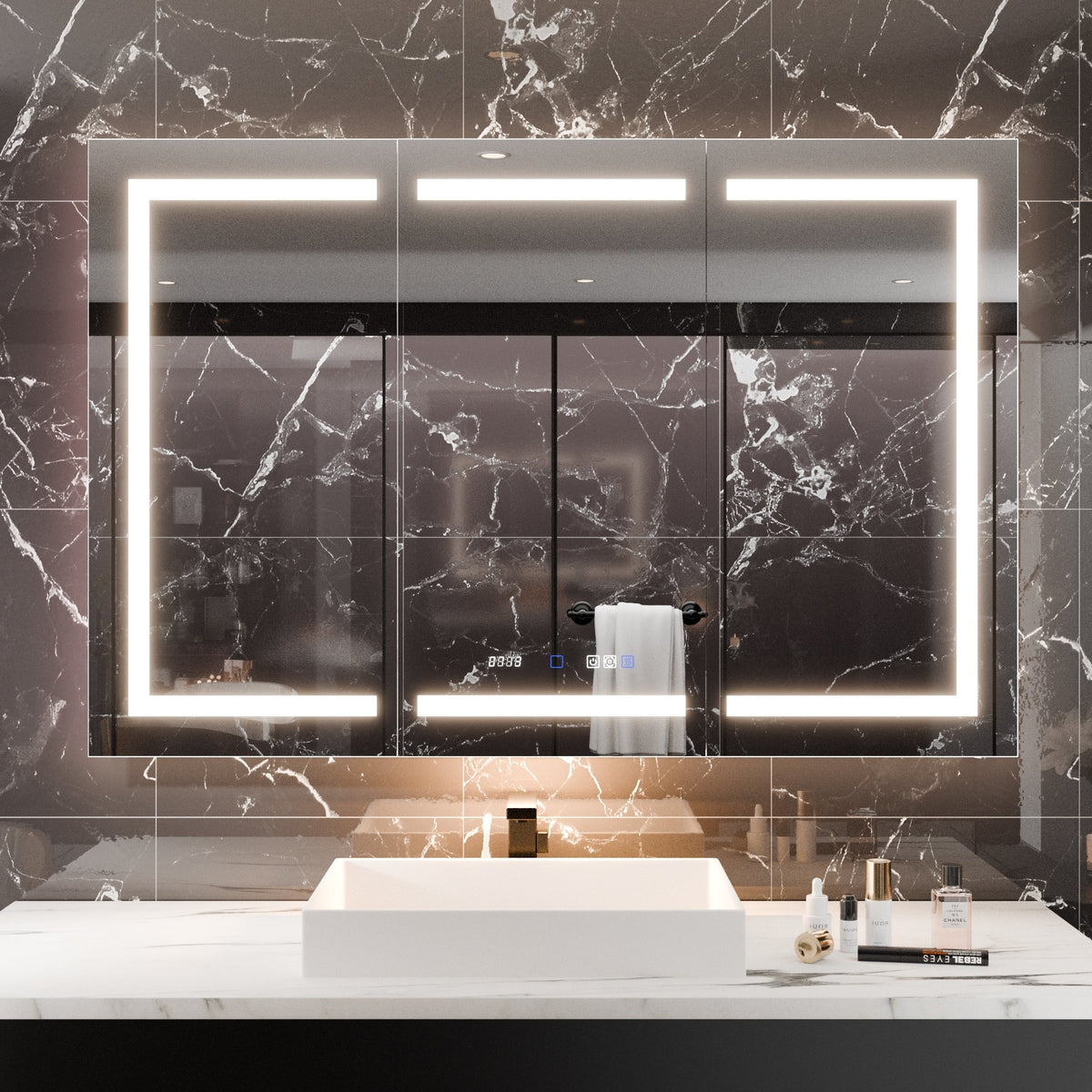 AAZJ EX11 54-in x 36-in Lighted LED Fog Free Surface/Recessed Mount Silver Mirrored Soft Close Medicine Cabinet