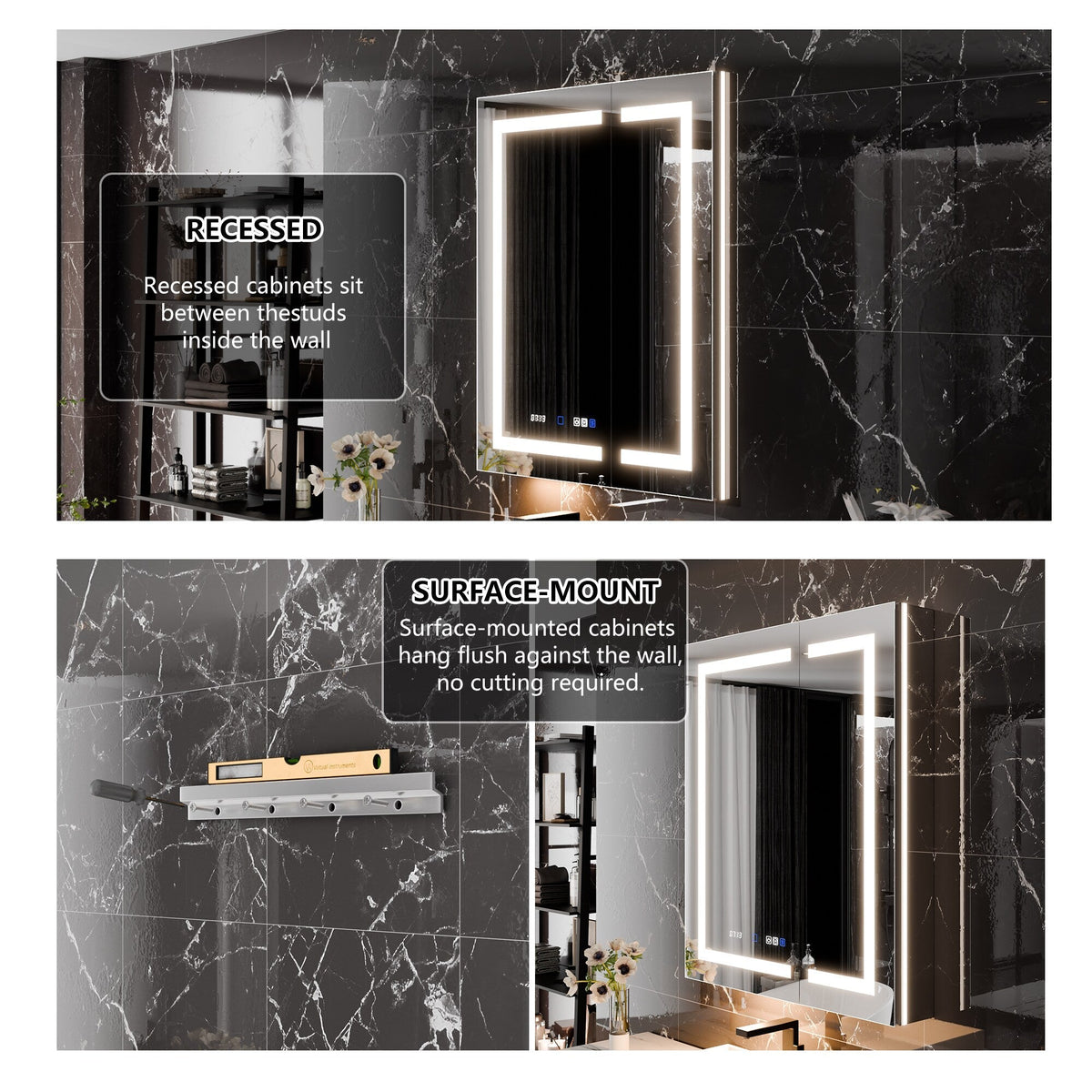 AAZJ EX11 30-in x 36-in Lighted LED Fog Free Surface/Recessed Mount Silver Mirrored Soft Close Medicine Cabinet