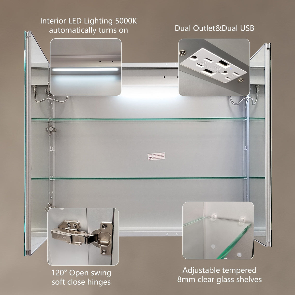 AAZJ V4 36-in x 30-in Lighted LED Fog Free Surface/Recessed Mount Silver Soft Close Medicine Cabinet