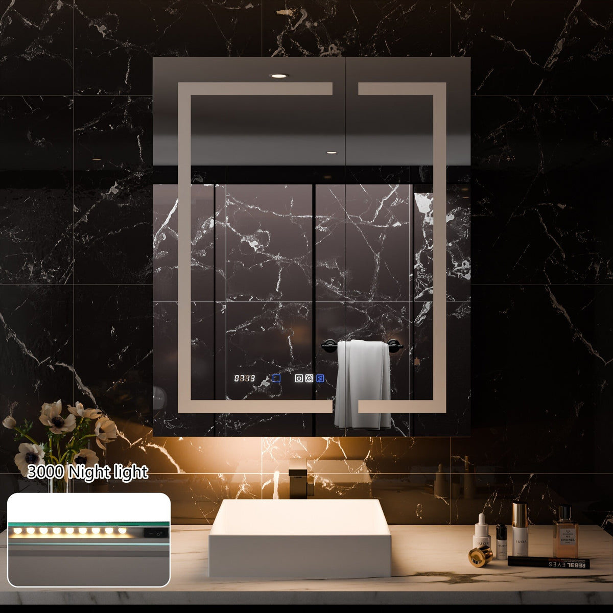 AAZJ EX11 30-in x 36-in Lighted LED Fog Free Surface/Recessed Mount Silver Mirrored Soft Close Medicine Cabinet