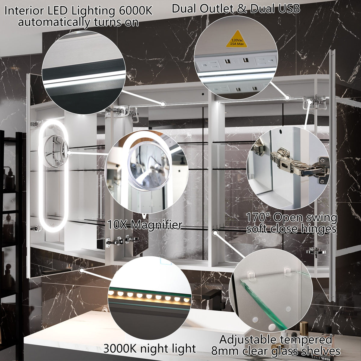 AAZJ EX11 42-in x 36-in Lighted LED Fog Free Surface/Recessed Mount Silver Mirrored Soft Close Medicine Cabinet with Outlet