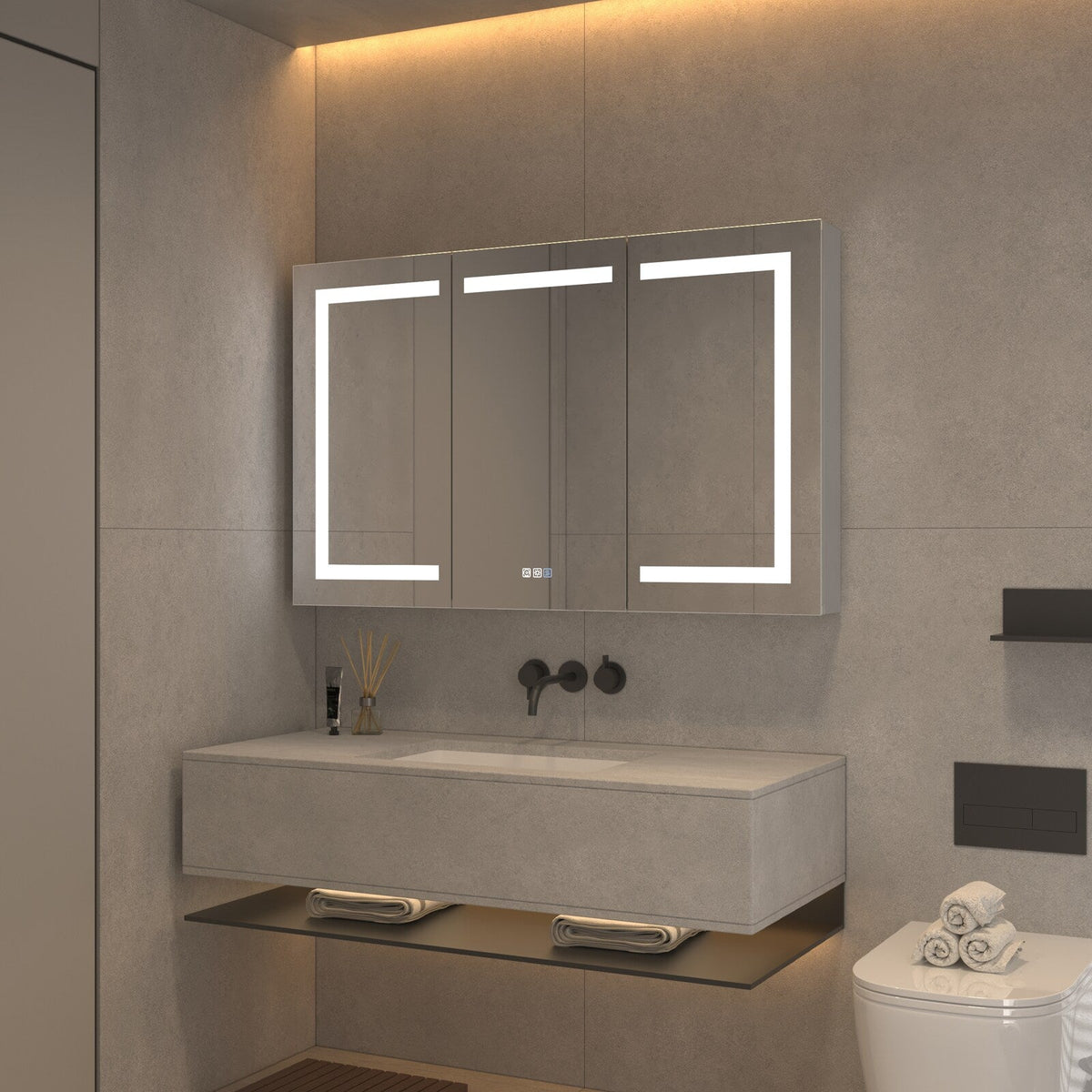 AAZJ V4 48-in x 30-in Lighted LED Fog Free Surface/Recessed Mount Silver Soft Close Medicine Cabinet
