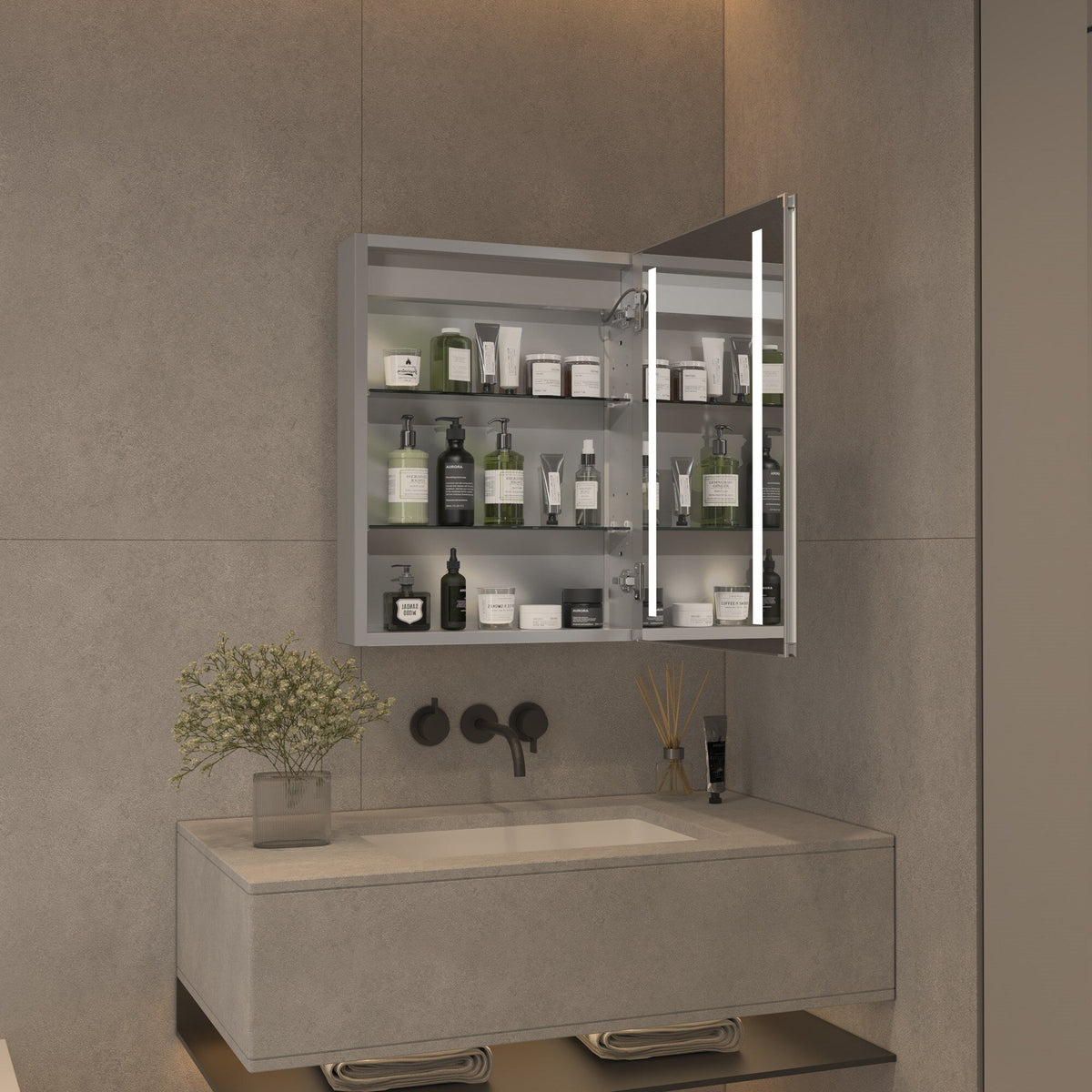 AAZJ V4 20-in x 26-in Lighted LED Fog Free Surface/Recessed Mount Silver Mirrored Medicine Cabinet
