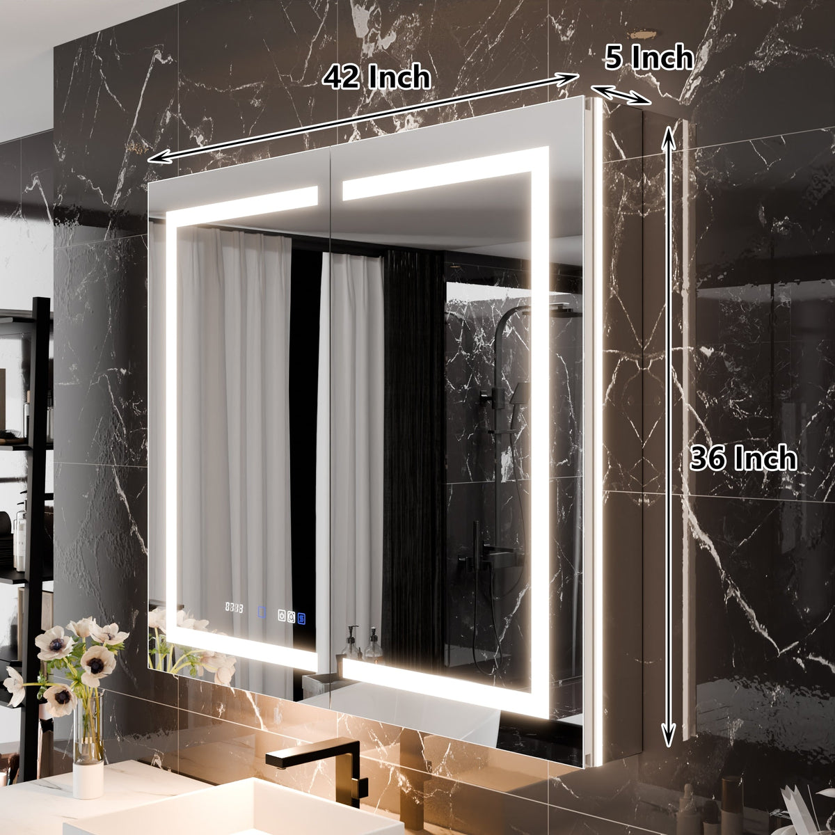 AAZJ EX11 42-in x 36-in Lighted LED Fog Free Surface/Recessed Mount Silver Mirrored Soft Close Medicine Cabinet with Outlet