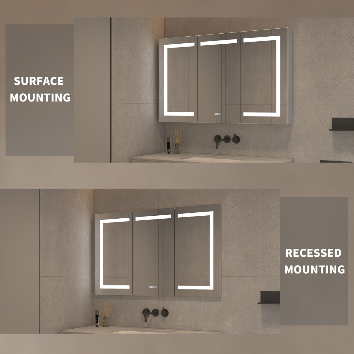 AAZJ V4 48-in x 30-in Lighted LED Fog Free Surface/Recessed Mount Silver Soft Close Medicine Cabinet