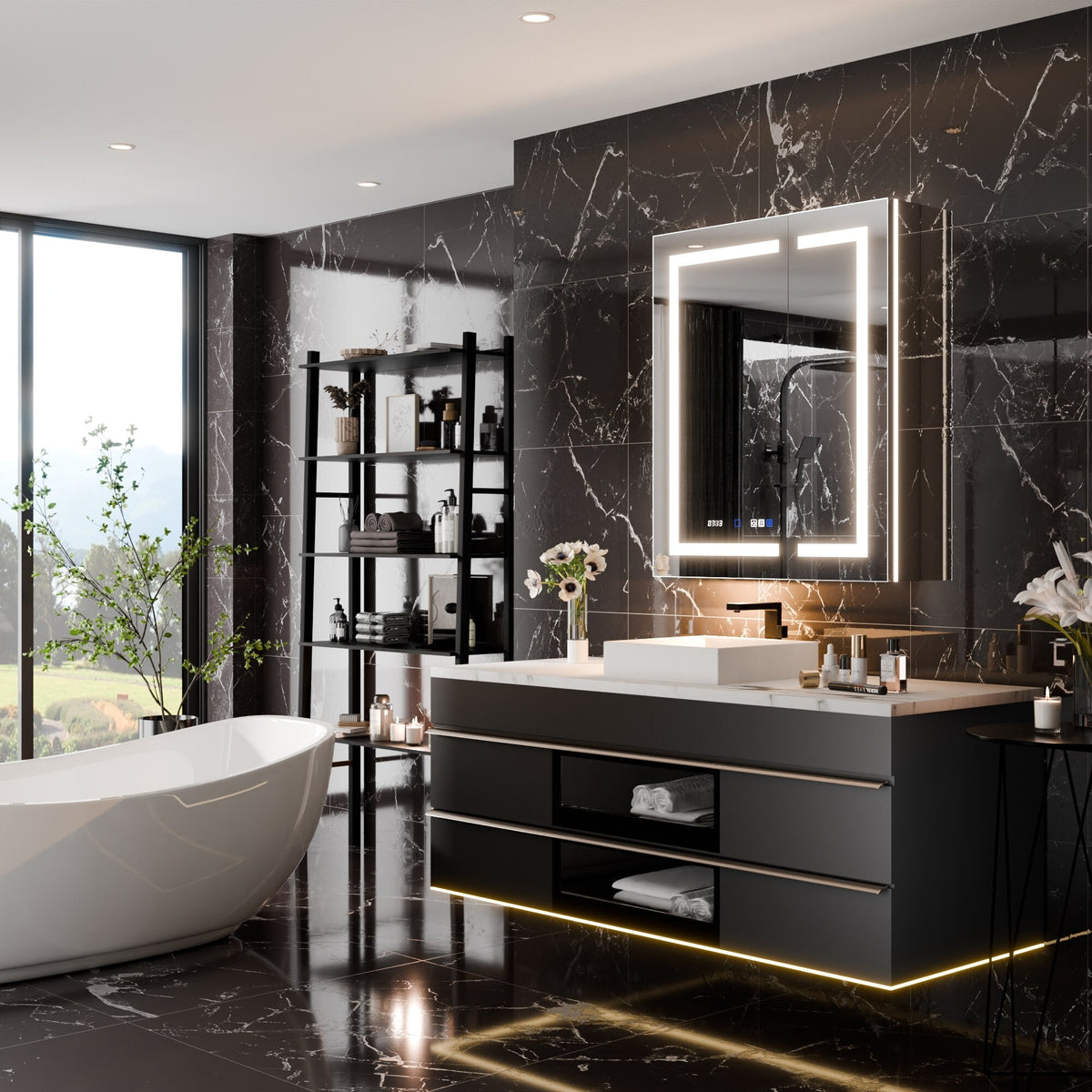AAZJ EX11 30-in x 36-in Lighted LED Fog Free Surface/Recessed Mount Silver Mirrored Soft Close Medicine Cabinet