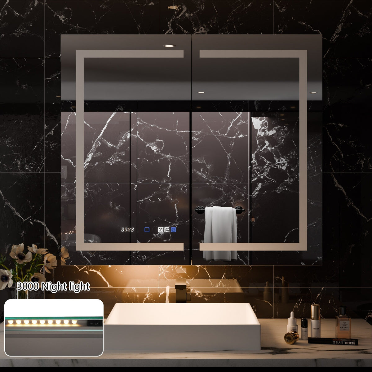 AAZJ EX11 42-in x 36-in Lighted LED Fog Free Surface/Recessed Mount Silver Mirrored Soft Close Medicine Cabinet with Outlet