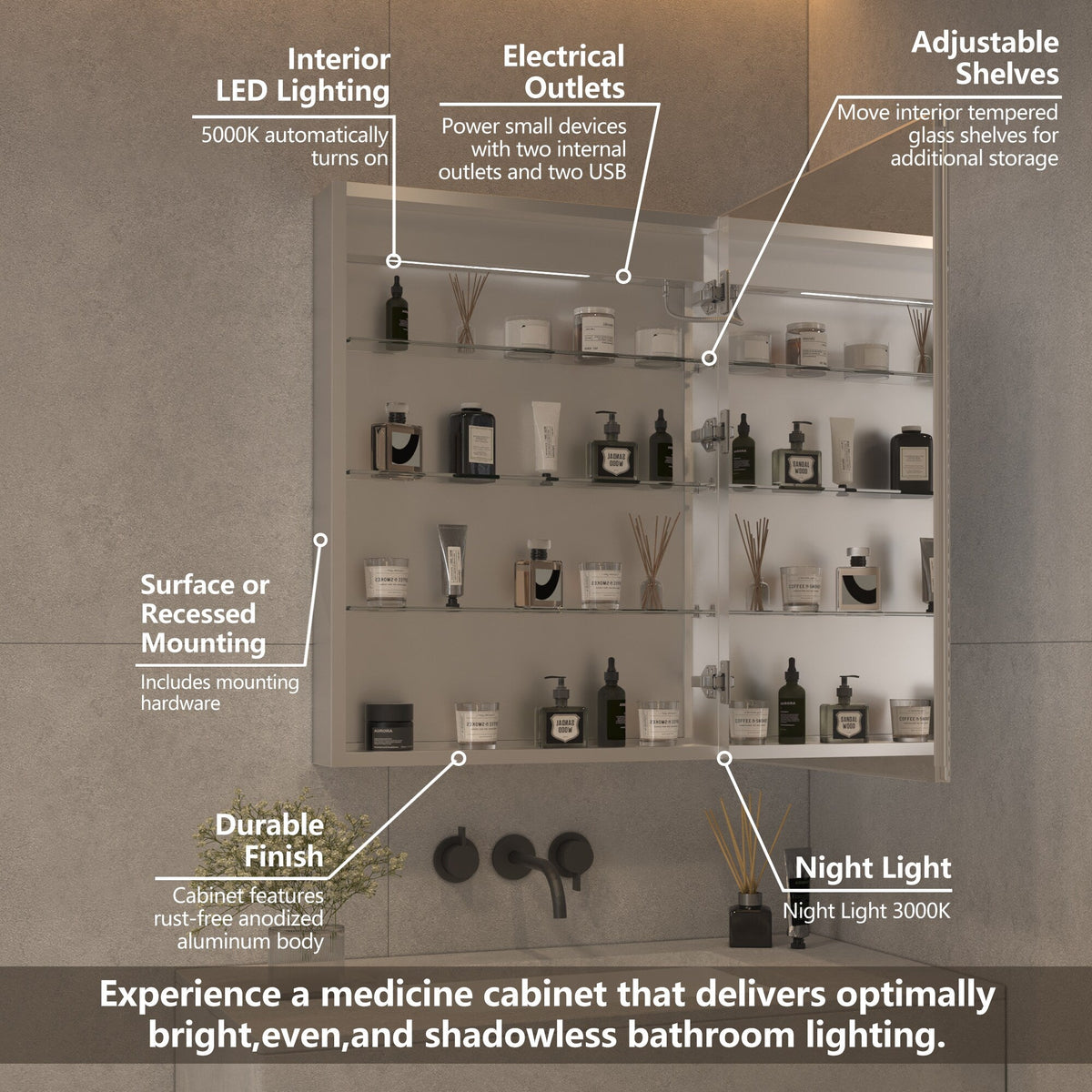 AAZJ V4 24-in x 32-in Lighted LED Fog Free Surface/Recessed Mount Silver Mirrored Soft Close Medicine Cabinet