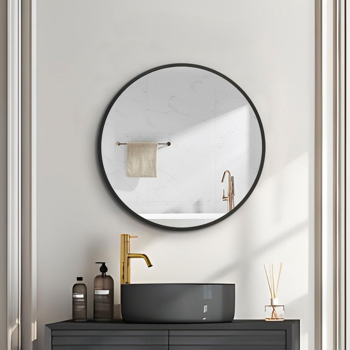 AAZJ 24-in x 24-in Surface/Recessed Mount Powder Coated Mirrored Round Soft Close Medicine Cabinet