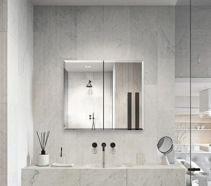 AAZJ 30-in x 26-in Surface/Recessed Mount Silver Mirrored Soft Close Medicine Cabinet