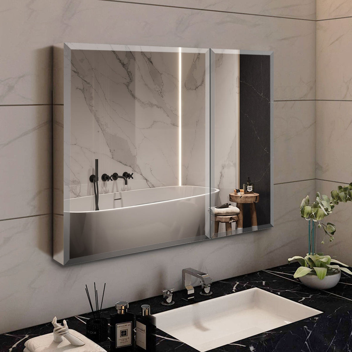 AAZJ 30-in x 26-in Surface/Recessed Mount Silver Mirrored Soft Close Medicine Cabinet