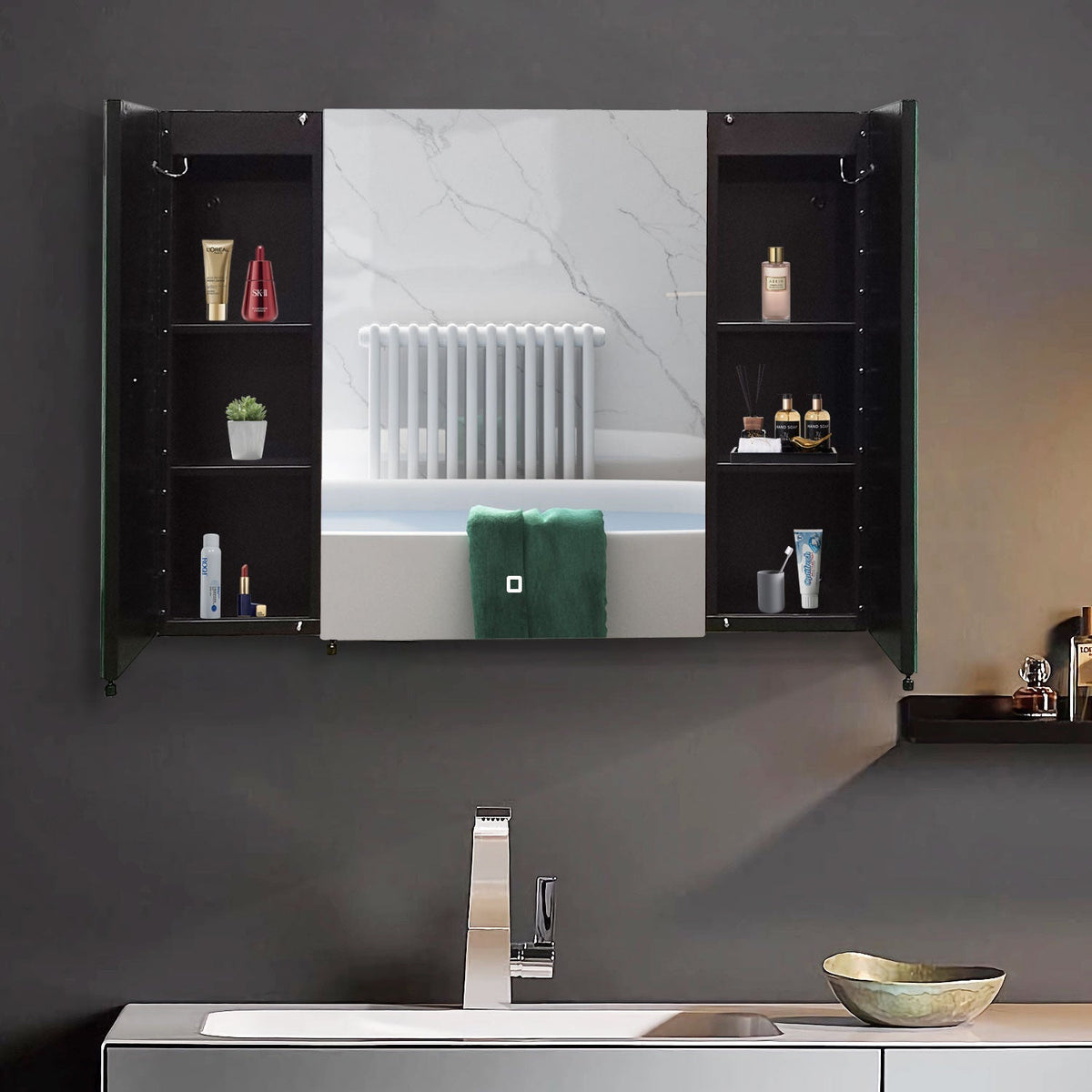 AAZJ 36-in x 26-in Lighted LED Fog Free Surface/Recessed Mount Black Mirrored Soft Close Medicine Cabinet