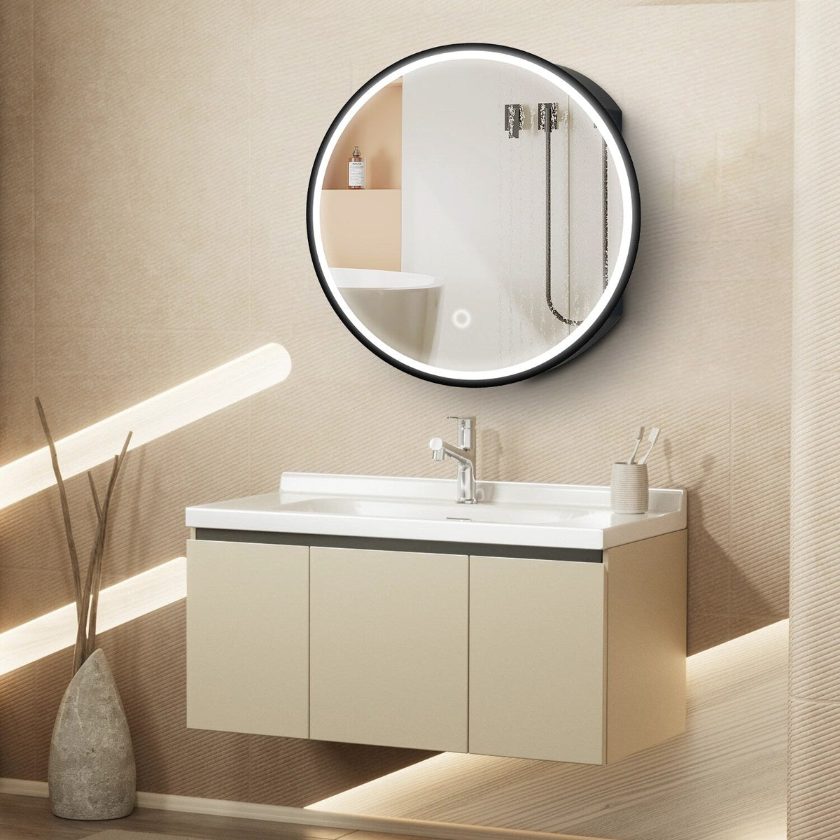 AAZJ 24-in x 28-in Lighted LED Fog Free Surface/Recessed Mount Black Mirrored Soft Close Medicine Cabinet