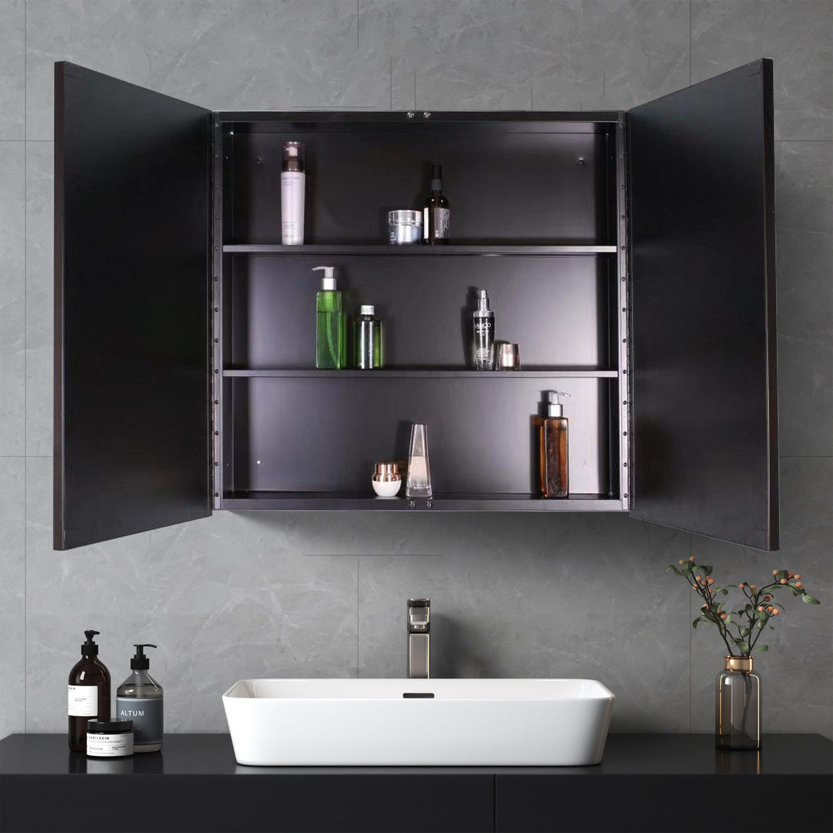 AAZJ AS 30-in x 26-in Surface/Recessed Mount Black Medicine Cabinet