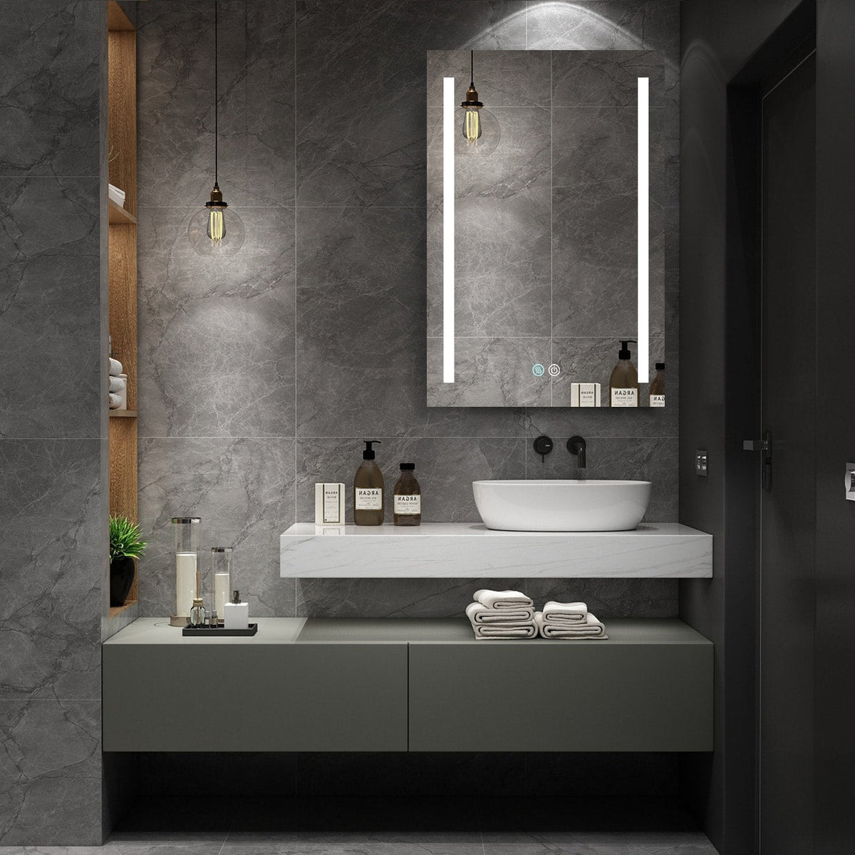AAZJ 30-in x 20-in LED Fog Free Surface/Recessed Mount Black Mirrored Soft Close Medicine Cabinet