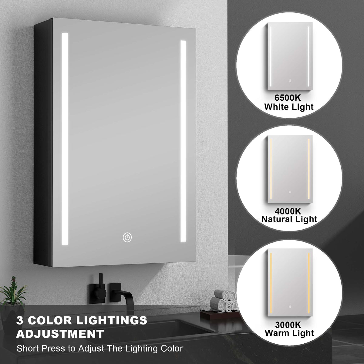AAZJ 30-in x 20-in LED Fog Free Surface/Recessed Mount Black Mirrored Soft Close Medicine Cabinet