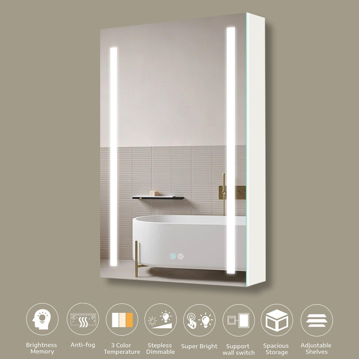 AAZJ 30-in x 20-in LED Fog Free Surface/Recessed Mount White Mirrored Soft Close Medicine Cabinet