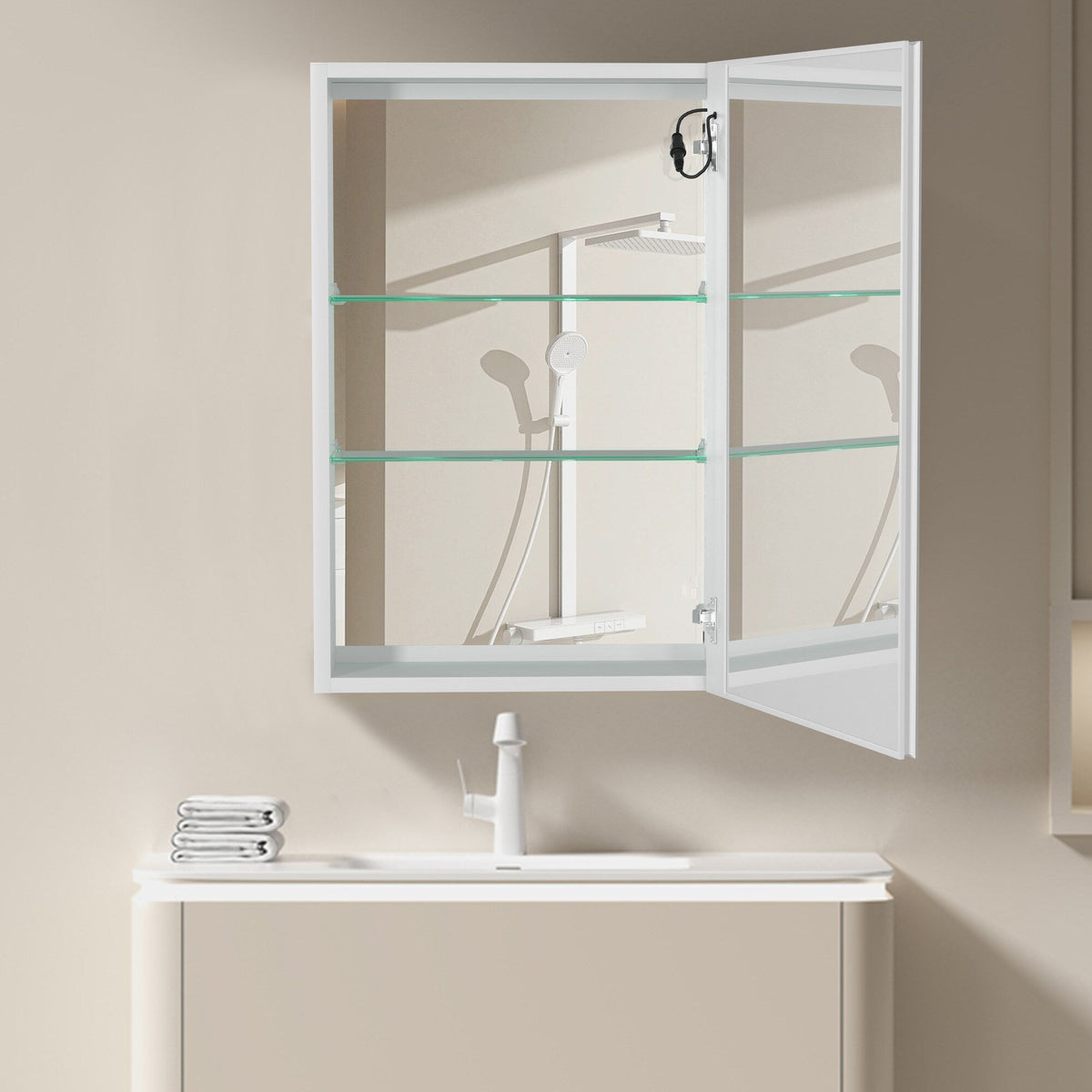AAZJ 30-in x 20-in LED Fog Free Surface/Recessed Mount White Mirrored Soft Close Medicine Cabinet