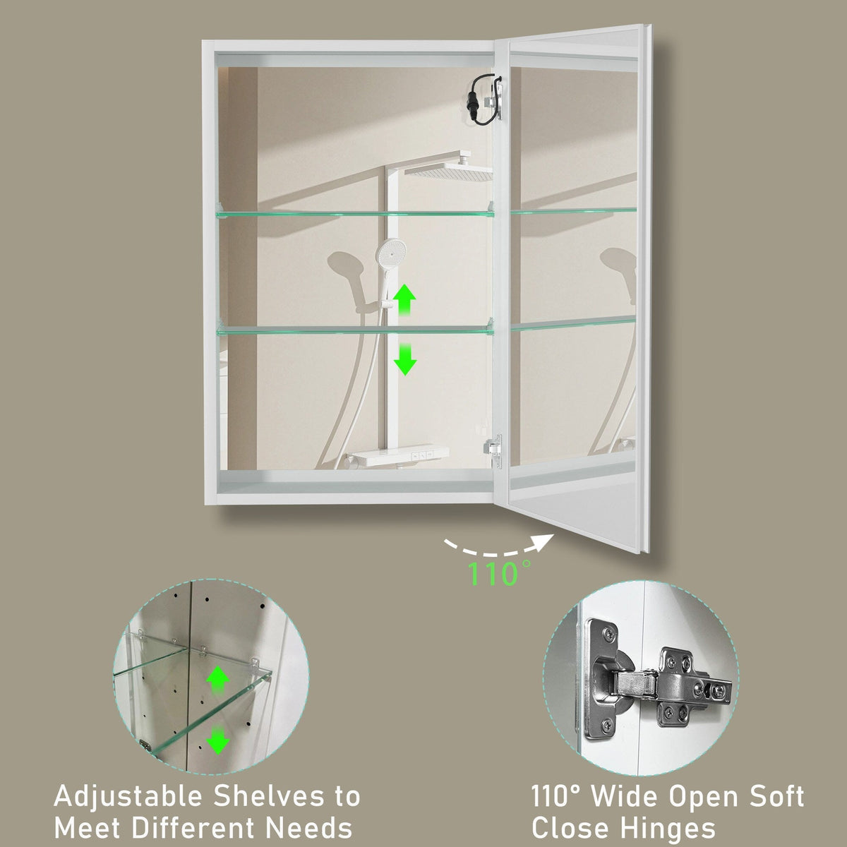 AAZJ 30-in x 20-in LED Fog Free Surface/Recessed Mount White Mirrored Soft Close Medicine Cabinet