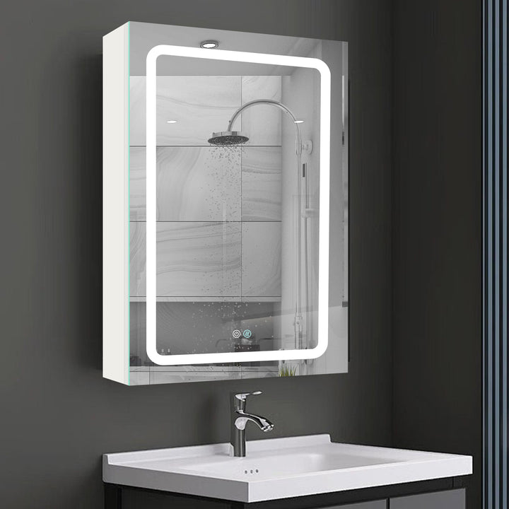 AAZJ 30-in x 20-in LED Fog Free Surface/Recessed Mount White Mirrored Soft Close Medicine Cabinet