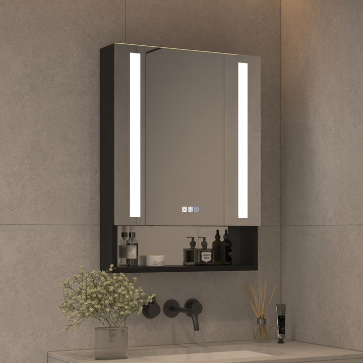 Forclover 24-in x 32-in Lighted LED Fog Free Surface/Recessed Mount Black Mirrored Soft Close Medicine Cabinet with Outlet