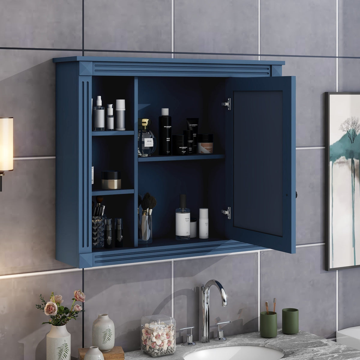 AAZJ CMR 35-in x 28-in Surface Mount Blue Mirrored Soft Close Medicine Cabinet