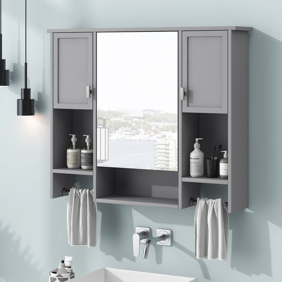 AAZJ 35-in x 28-in Surface Mount Grey Mirrored Soft Close Medicine Cabinet
