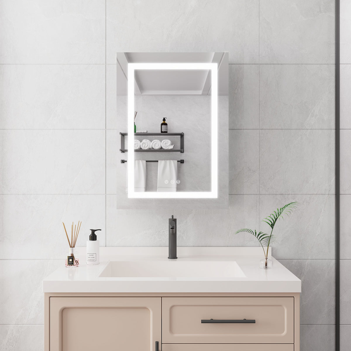 WELLFOR 20-in x 28-in Lighted LED Fog Free Surface Mount Silver Mirrored Soft Close Medicine Cabinet
