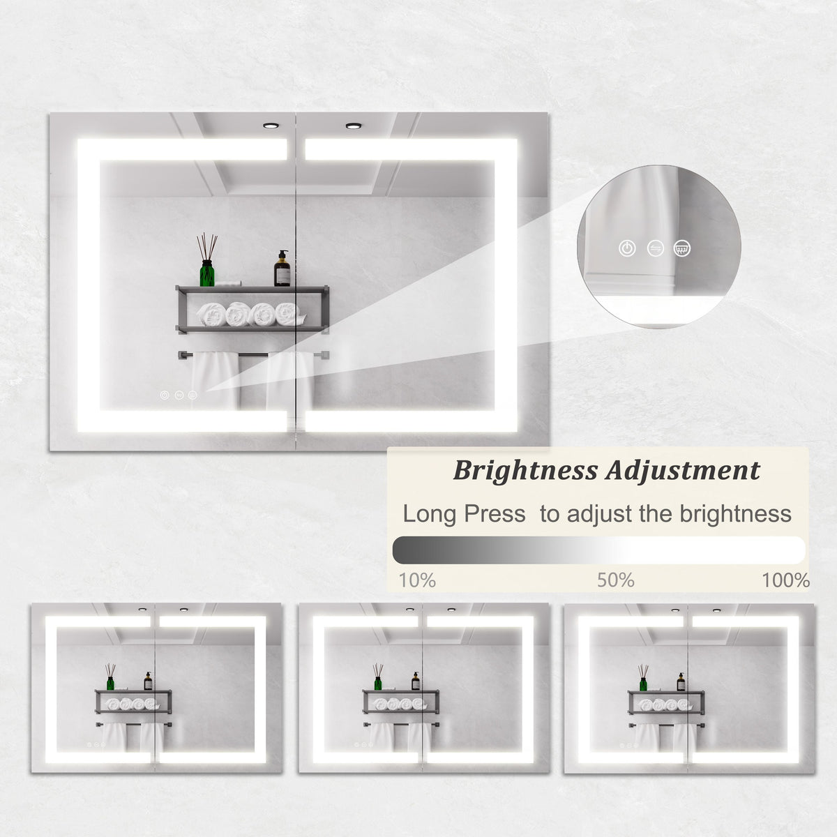 WELLFOR 36-in x 24-in Lighted LED Fog Free Surface Mount Silver Mirrored Soft Close Medicine Cabinet