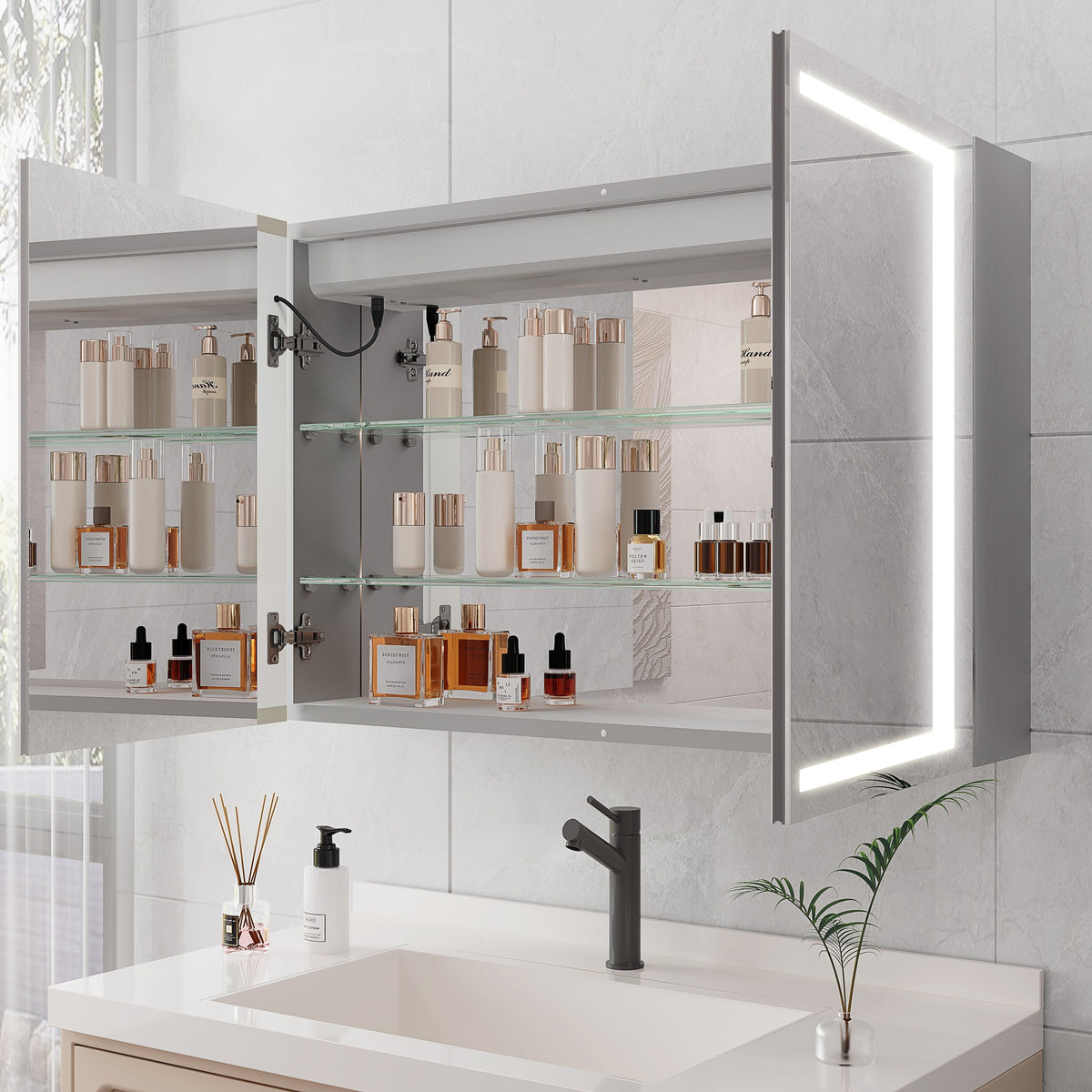 WELLFOR 36-in x 24-in Lighted LED Fog Free Surface Mount Silver Mirrored Soft Close Medicine Cabinet