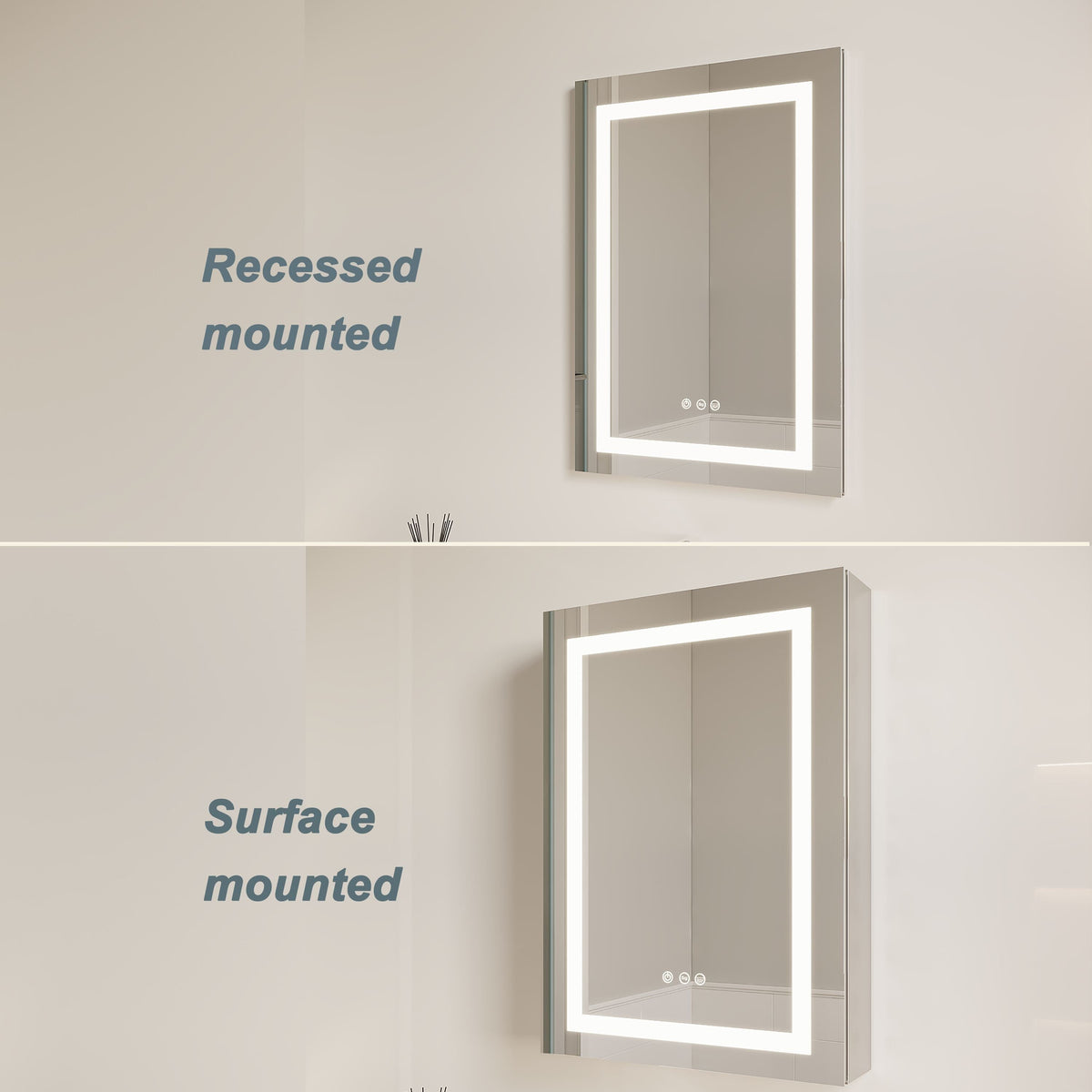 WELLFOR 26-in x 20-in Lighted LED Fog Free Surface/Recessed Mount Silver Mirrored Soft Close Medicine Cabinet